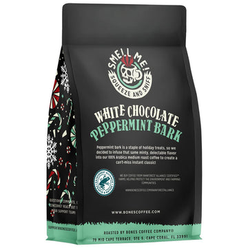 Bones Coffee Company White Chocolate Peppermint Bark Flavored Coffee Medium Roast Low Acid Arabica Beans Compatible with Auto drip and French Press Coffee Maker 12 Oz Ground