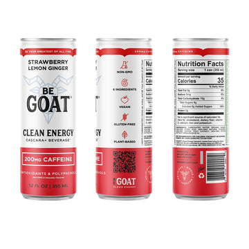 BeGOAT Strawberry Lemon Ginger Energy Drink | 200mg Caffeine | 12 Fl OZ | Vegan, Gluten-Free, Non-GMO, 35 Calories, 12 Pack