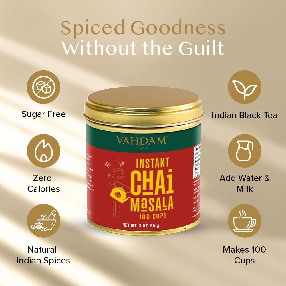 VAHDAM Instant Chai Tea, 3oz - Traditional Masala Chai for 100 Cups, Zero Calories, Unsweetened, Natural Spices, Free Bamboo Spoon