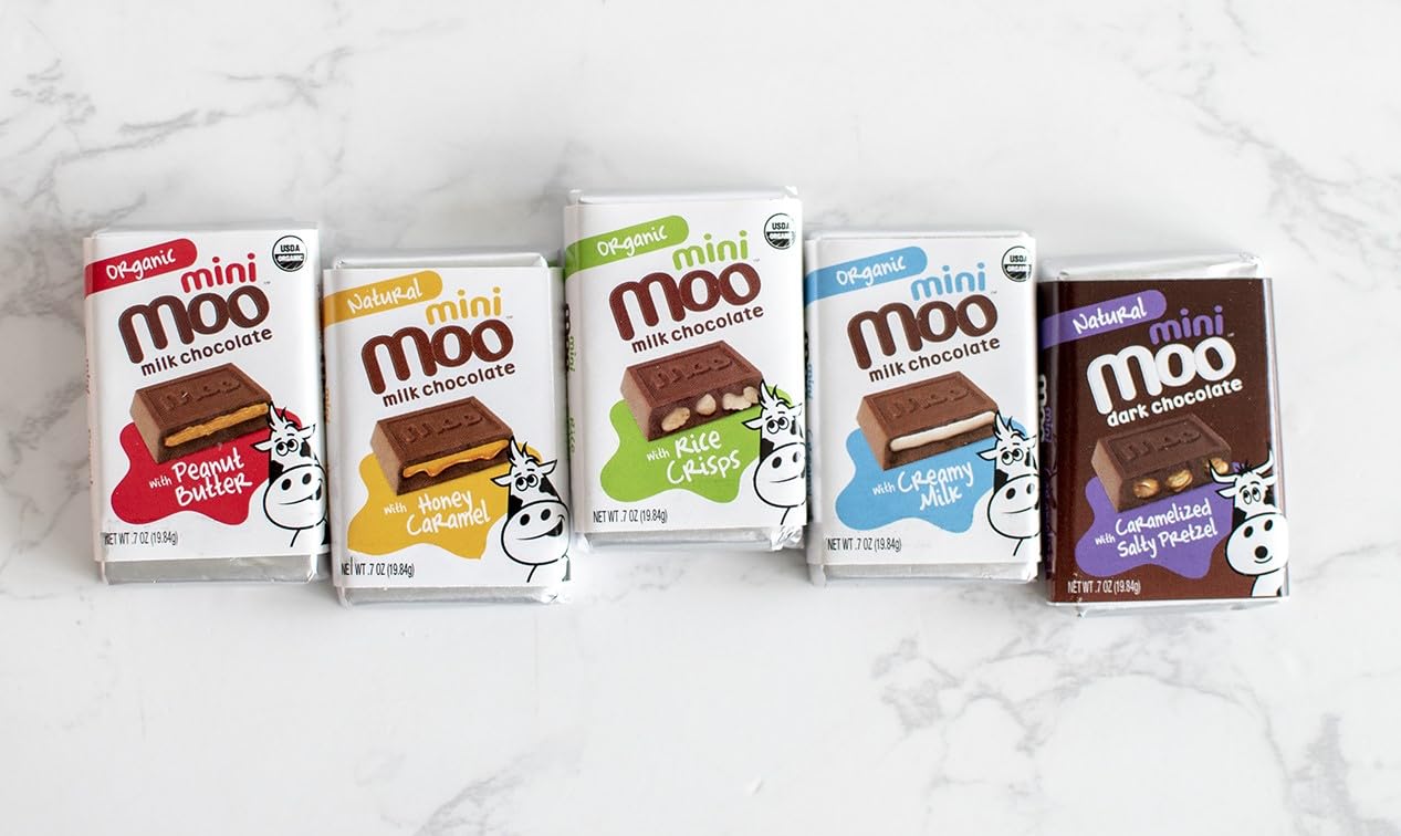 Moo Chocolates All Natural Dark Chocolate Mini Bars With Caramelized Salty Pretzel 0.7 Oz, 14 Ct (Pack Of 1) | 100 Calorie Snack