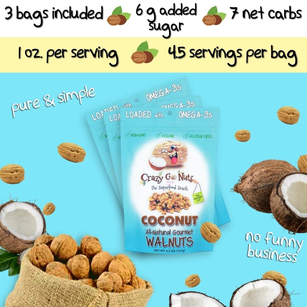 Crazy Go Nuts Walnuts - Coconut, 4.5 Oz (3-Pack) - Healthy Snacks, Vegan, Gluten Free, Superfood - Natural, Non-Gmo, Ala, Omega