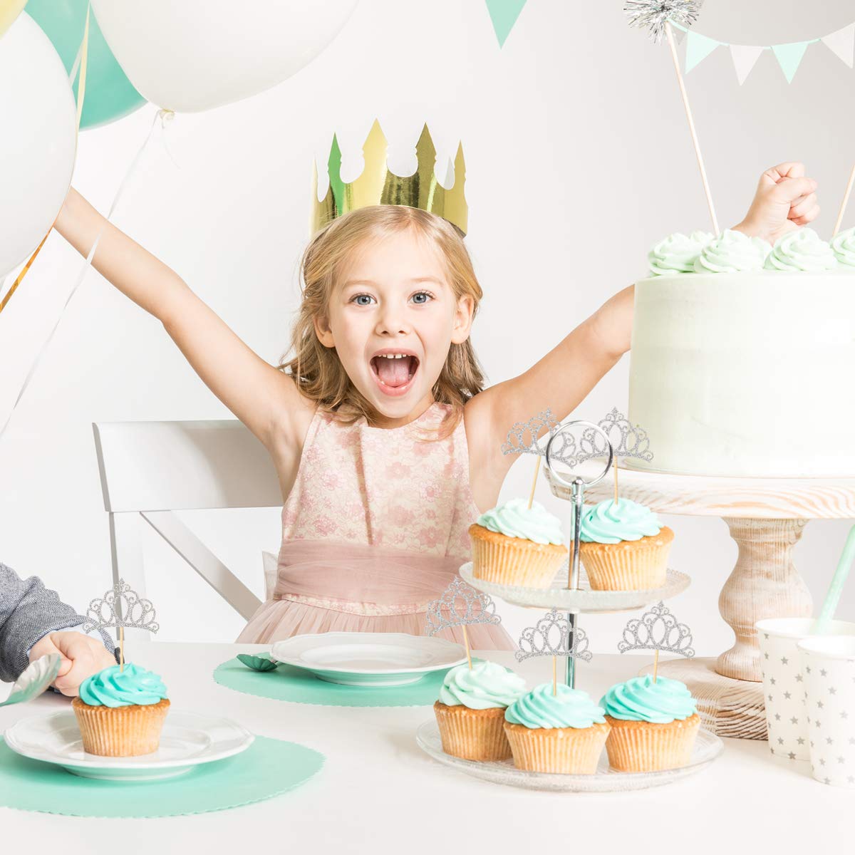 Donoter Silver Princess Crown Cupcake Toppers - 24 Count for Birthday Baby Shower Party Decorations