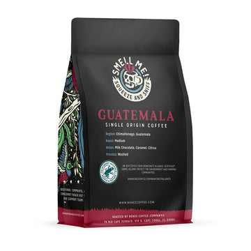 Bones Coffee Company Guatamela Single-Origin Whole Coffee Beans, Low Acid Coffee Made With Arabica Coffee Beans, Medium Roast Gourmet Coffee, Coffee Lover Gift Ideas (12 Oz)