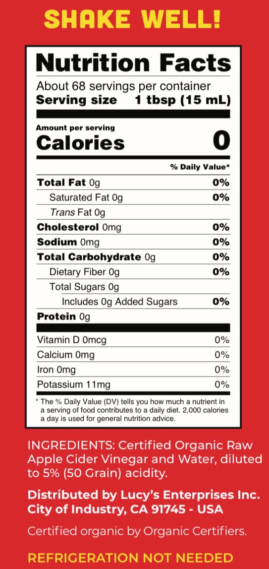 Lucys Organic Raw Apple Cider Vinegar, Unfiltered, 34oz Glass Bottle (2 Pack)
