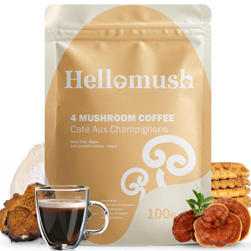 Hellomush Organic Instant Mushroom Coffee With Lions Mane Reishi Chaga And Cordyceps Coffee Adaptogen Drink For Greater Energy More Focus Playter Digestion And Gut Support 28 Servings 3.52 Oz