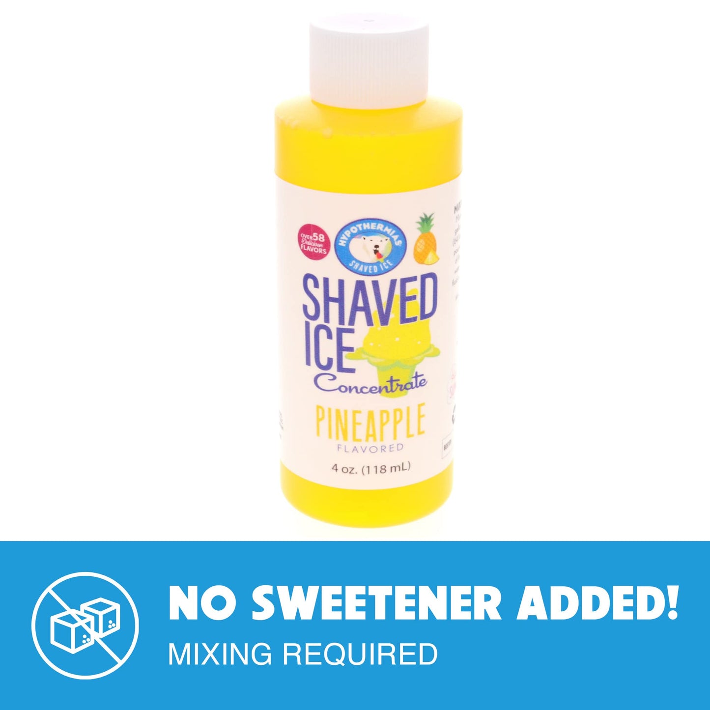 Hypothermias Shaved Ice Syrup Concentrate, Pineapple Flavor, 4 Fl Oz, Makes 1 Gallon, Unsweetened, Add Water and Sweetener