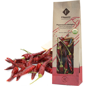 Organic Whole Dried Chili Peppers, On Stem, 25 G (0.88 Oz), Filippone, Sicilian, Fresh Grown In The Mountains Of Sicily, Spicy S