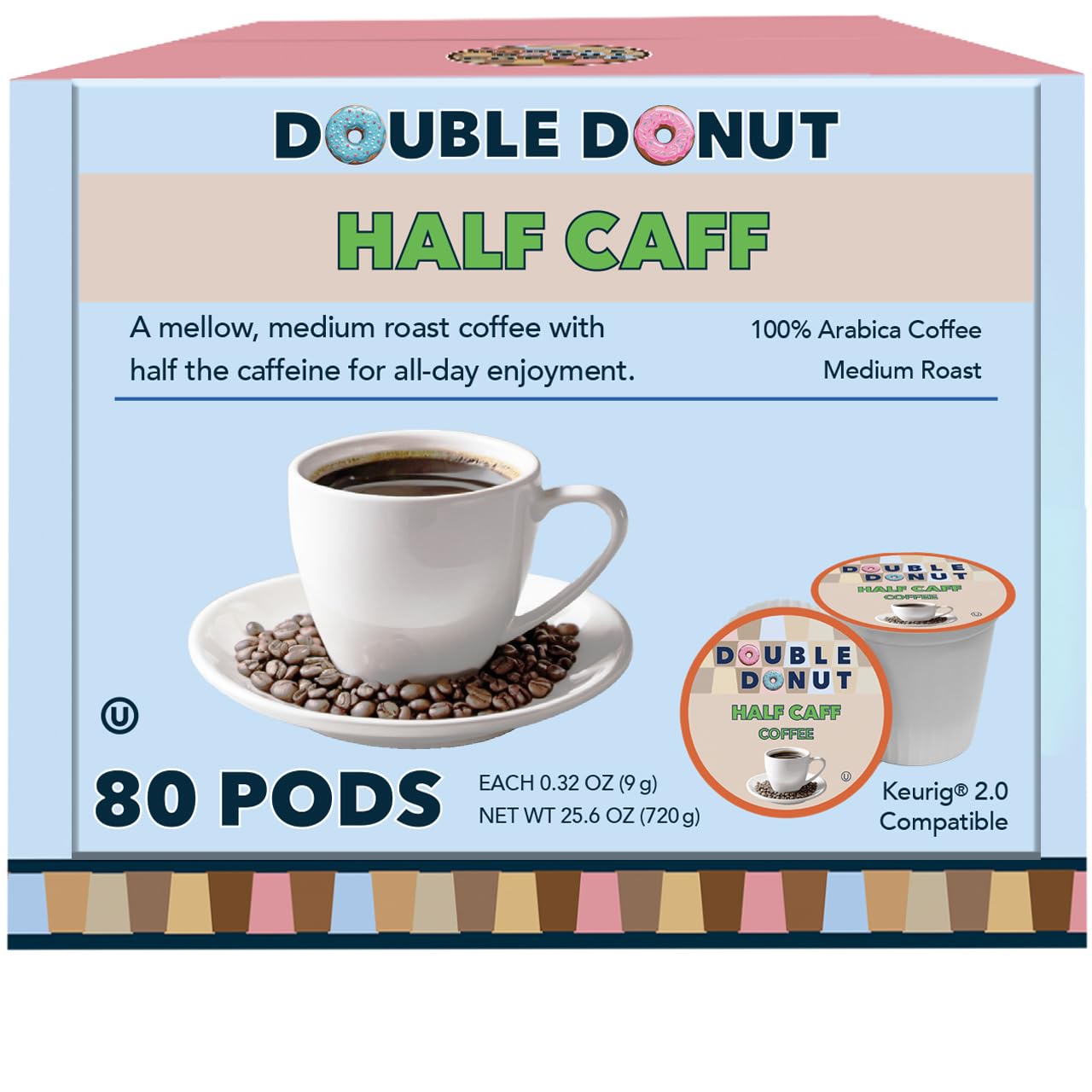 Double Donut Half Caff Coffee Pods Single Serve Half Energy Blend Coffee Pods For Keurig K Cup Beverage Makers Medium Roast 80 Count