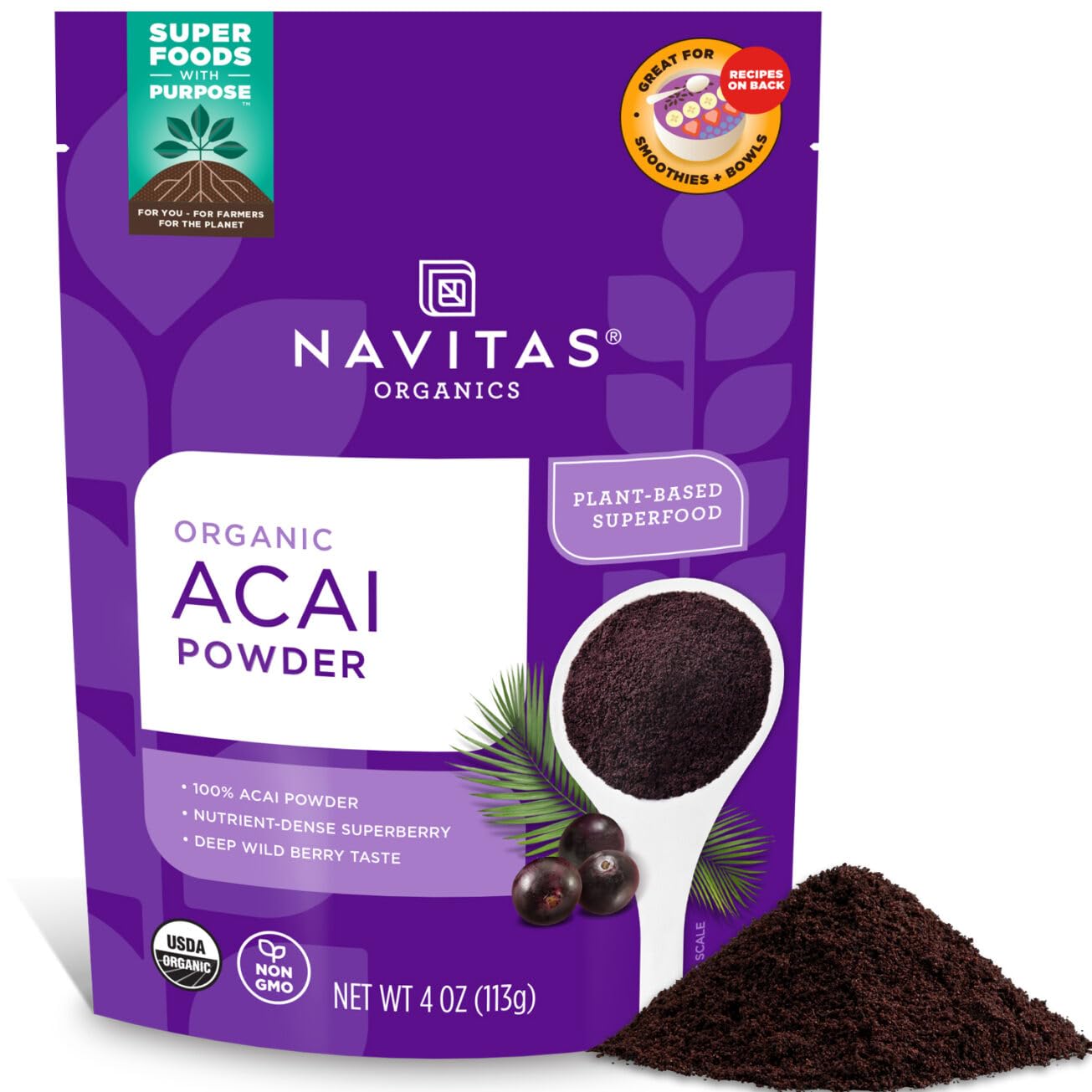 Navitas Organics Acai Powder, 4Oz. Bag 38 Servings - Organic Non-Gmo, Freeze-Dried, Gluten-Free