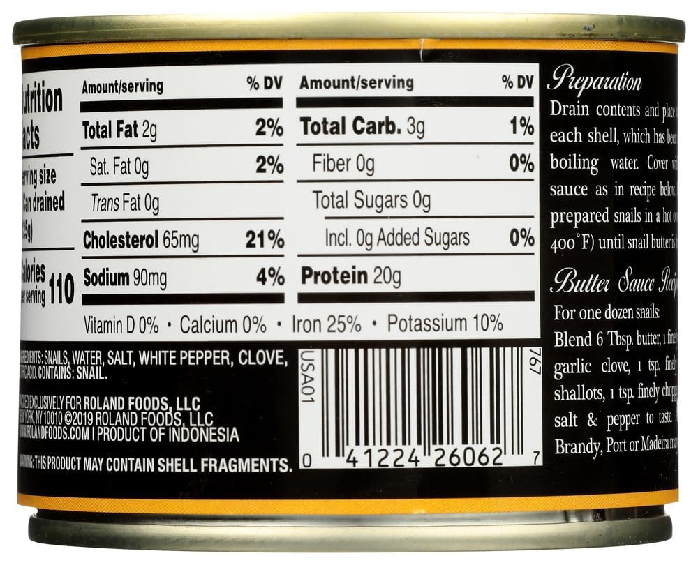Roland Very Large Escargot Snails, 7.75 oz Can - Gourmet Snails for Cooking and Recipes