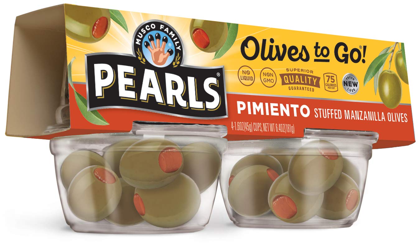 PEARLS Manzanilla Olives To Go, Stuffed, 1.6 oz Cups, Pack of 24
