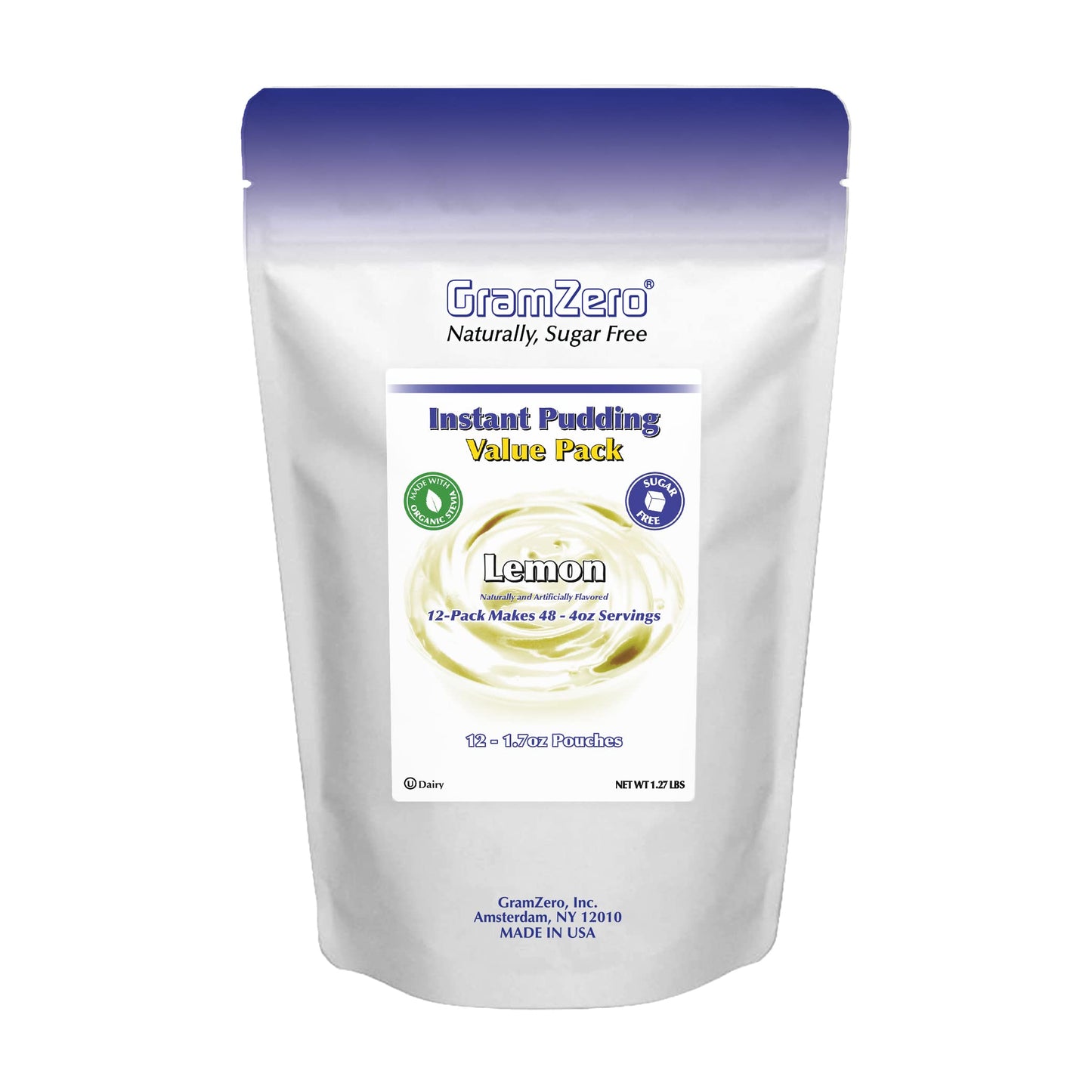 Gramzero Lemon Sugar Free Pudding Mix 12-Pack, Great For Nutrition Club Meal Replacement Shakes, Low Calorie Dessert, Stevia Swe