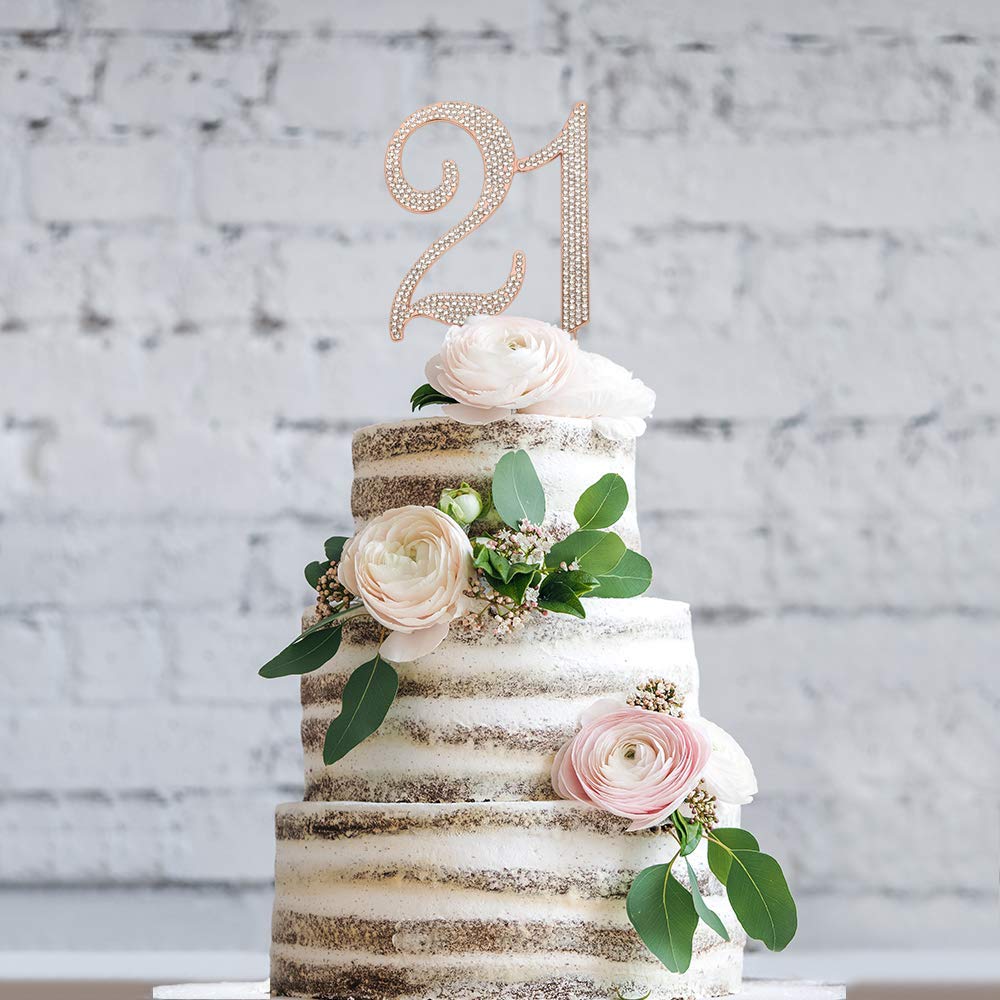 Crystal Creations 21 Cake Topper - Premium Rose Gold Metal, Rhinestone Decoration, 1 Count, Pink, Model 21 Rose