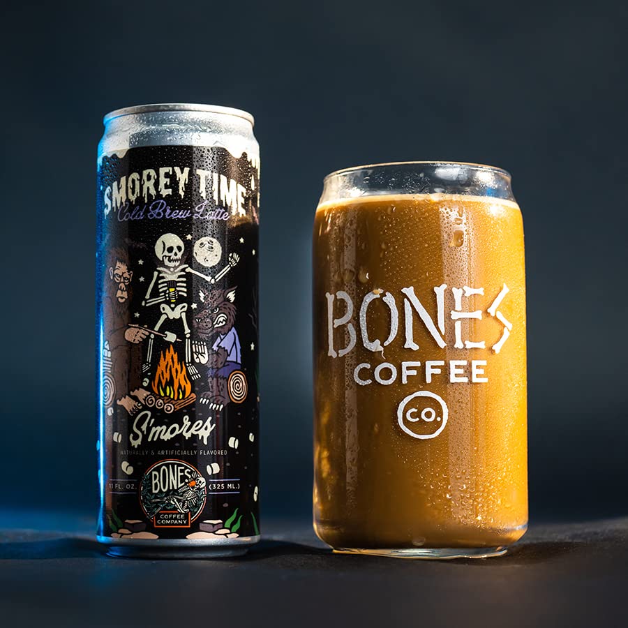 Bones Coffee Company S'Morey Time Iced Coffee Latte S'Mores Flavored Coffee, 11 Fl Oz Ready To Drink Latte, Cold Canned Coffee Drinks, Coffee On-The-Go (12 Pack)