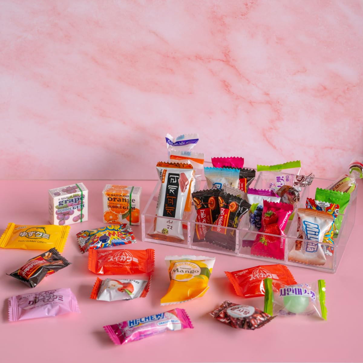 Asian candy mystery gift box, 60 count variety pack of Japanese and Korean treats, sweet sampler of chewy, fruity, and chocolate
