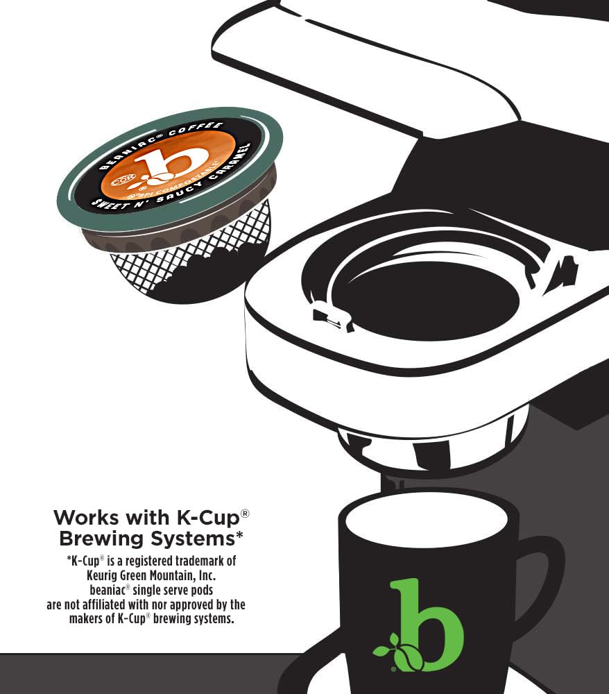 beaniac Sweet n' Saucy Caramel Light Roast K Cup Coffee Pods, 30 Count, Compostable, Arabica Coffee, Compatible with Keurig Brewer