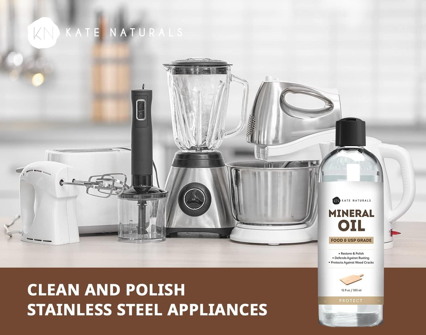 Kate Naturals Mineral Oil For Cutting Board 12Oz With Wax Applicator. Food Grade & Food Safe Mineral Oil To Protect Wood On Cutting Boards, Butcher Block & Bamboo Boards