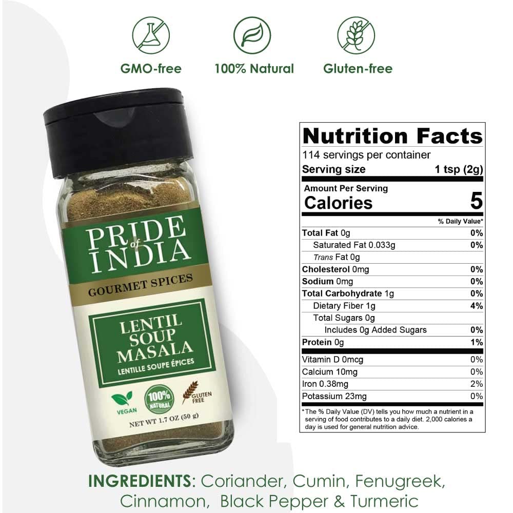 Pride Of India Lentil Soup Masala Spice Blend - 1.7 oz Sifter Bottle - Ideal for Vegans & Vegetarians