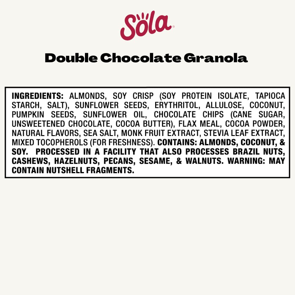Sola Low Carb & Keto Friendly Granola, Double Chocolate - Low Sugar, Naturally Flavored, Gluten Free & No Artificial Colors, Fla