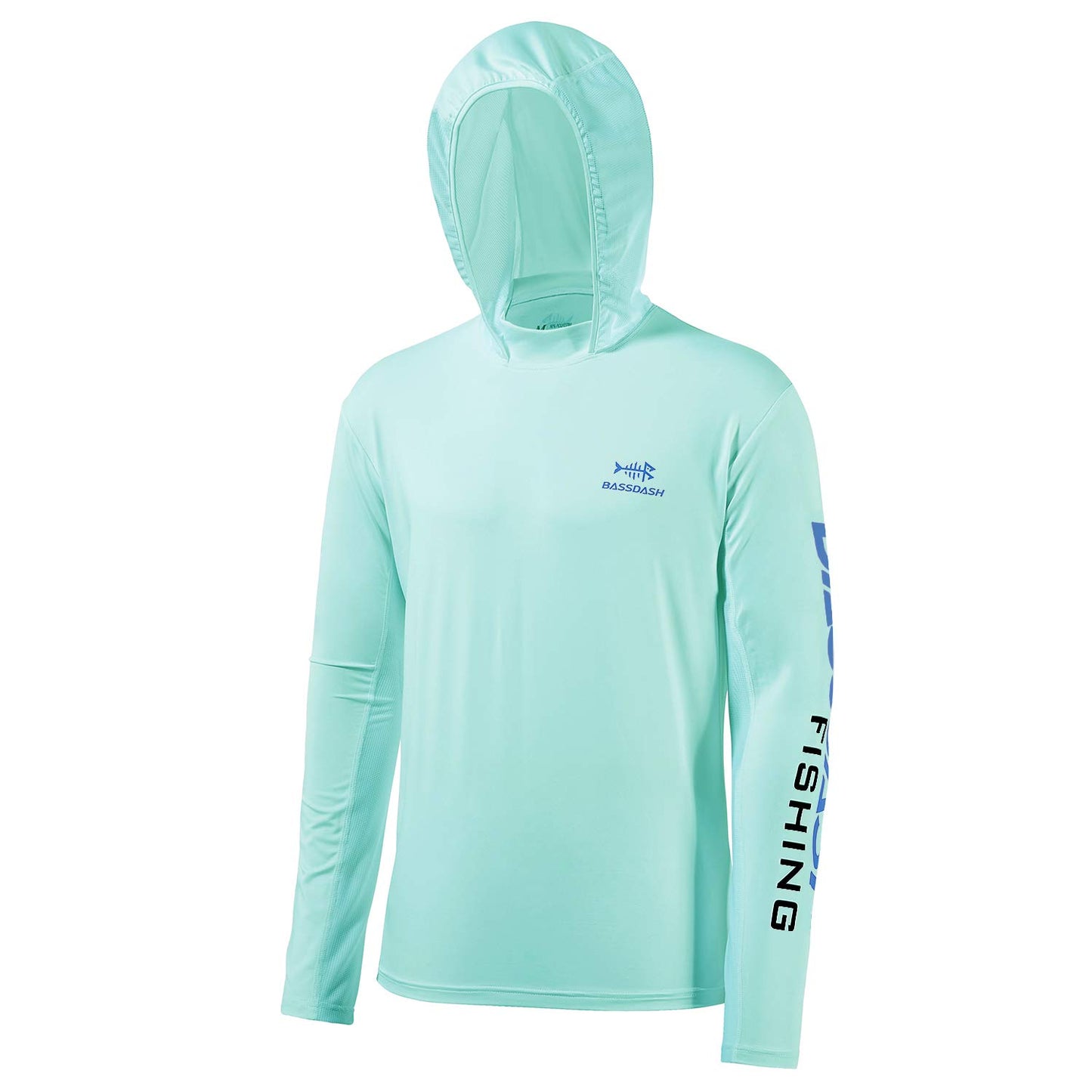 Bassdash Upf 50 Menas Uv Sun Protection Long Sleeve Performance Fishing Hoodie Hooded Shirts (Seafoamvivid Blue Logo, Large)
