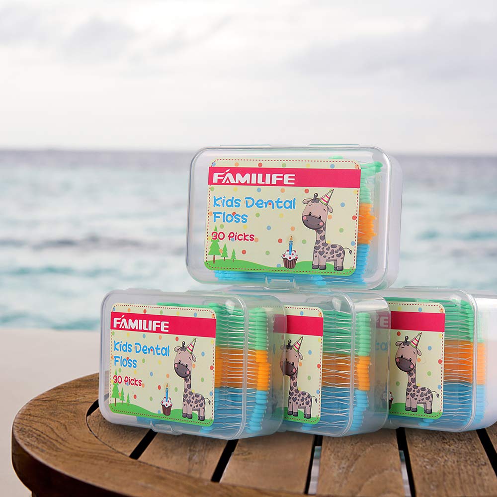 Familife Kids Dental Floss Picks Without Fluoride,4 Travel Handy Cases Unflavored Flosser 120 Picks