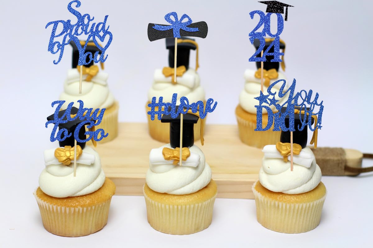 Graduation Cupcake Toppers 2024 Blue, Glitter Class Of 2024 Cupcake Toppers Supplies, Class Of 2024 Congrats Grad Cap Diploma Cu