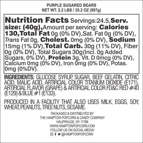 The Hampton Popcorn Company Purple Gummy Bears, 2.2 Pound Bag, G Flavor