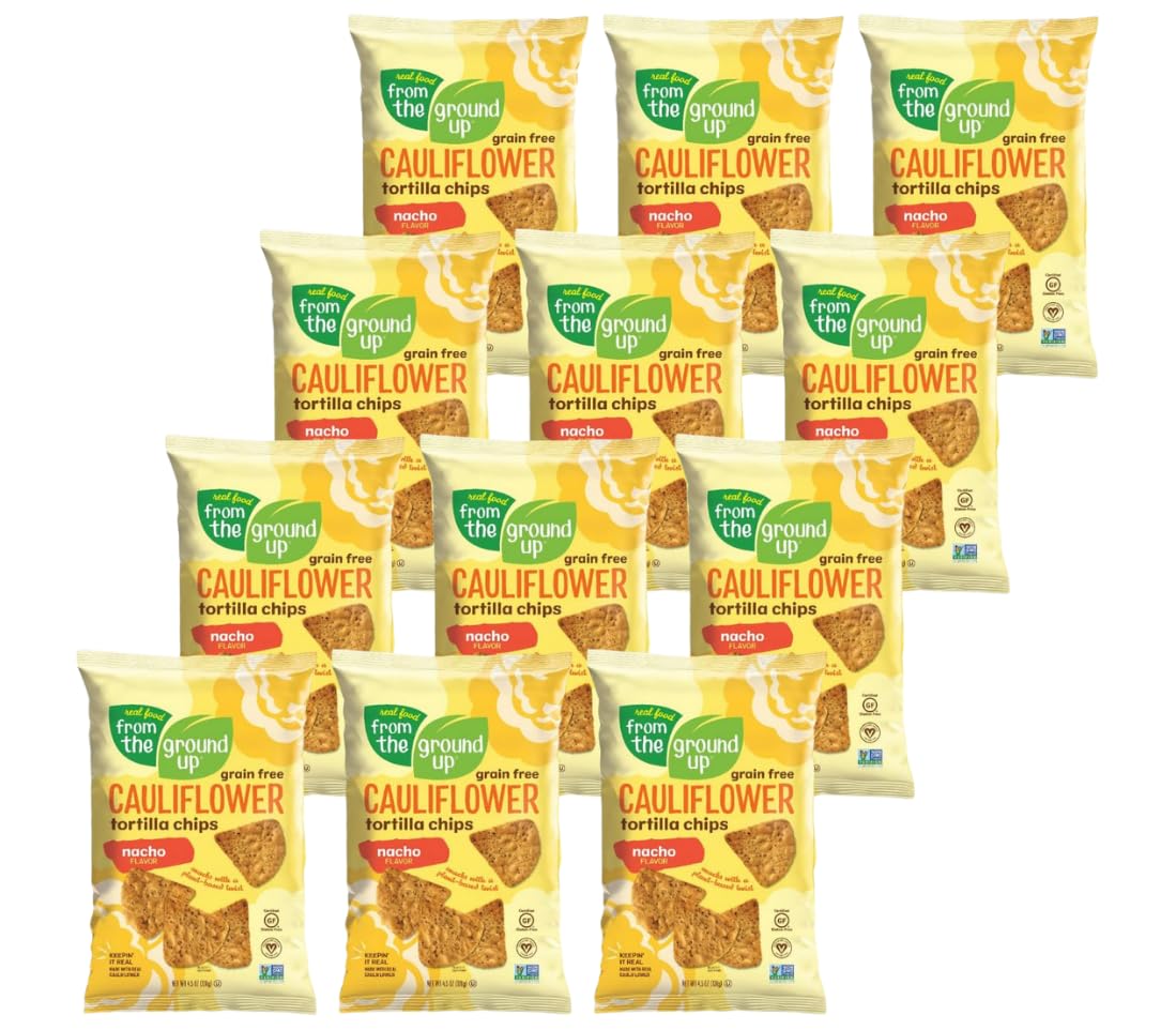 From the Ground Up Cauliflower Tortilla Chips Nacho Flavor, Made with Real Cauliflower, Plant Based, Non GMO, Gluteen Free, 4.5
