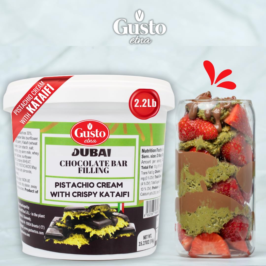 GUSTO ETNA Dubai Pistachio Chocolate Bar Filling- Pistachio Cream with Crispy Kataifi - enhanced Crunchy Spread for Gourmet Dessert Spread 35 oz (1kg) Product of Italy