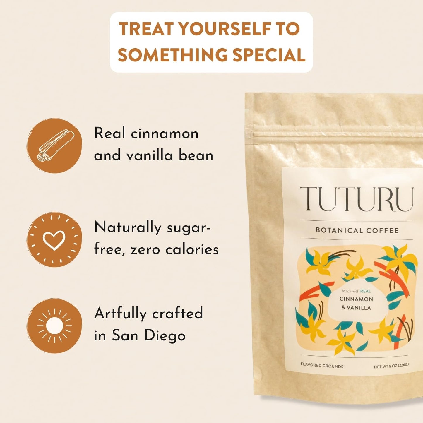 TUTURU Botanical Coffee Organic Cinnamon Vanilla Ground Coffee - Medium Roast, Low Acid - 8 oz, 22 Servings