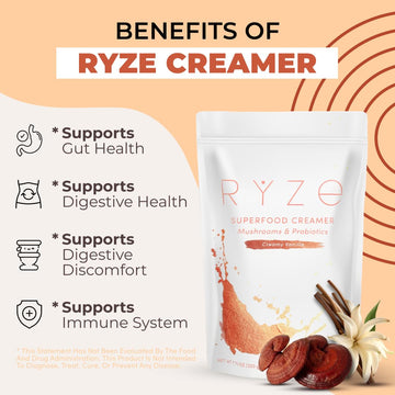 RYZE SUPERFOODS Probiotic Coffee Creamer with 6 Organic Mushrooms, 7.85 oz, Gluten-Free, for Energy, Focus, and Digestion