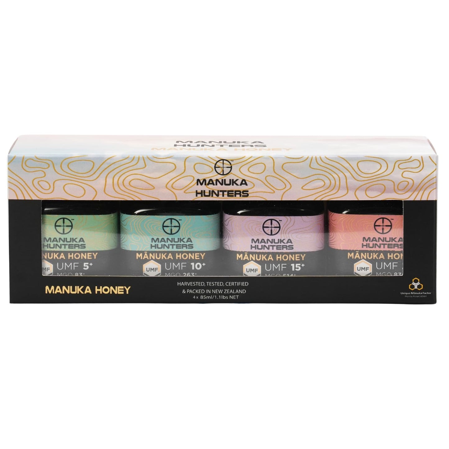 Manuka Hunters Raw New Zealand Honey Gift Set 4-Pack Honey Sampler With Umf 5+ 10+ 15+ 20+ (125G = 85Ml Each) - 100% Pure Natural Sweetener - Ideal For Tea Coffee Smoothies Baking - Sustainable