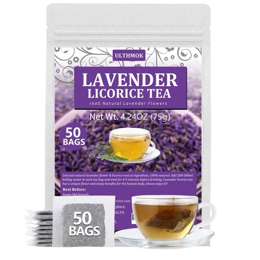 Top-Grade 50 Lavender Licorice Tea Bags Made With Natural Lavender Flowers & Wild Licorice Root For Relaxation & Sleep & Wellness Energy Blend Free & No Artificial Flavors.