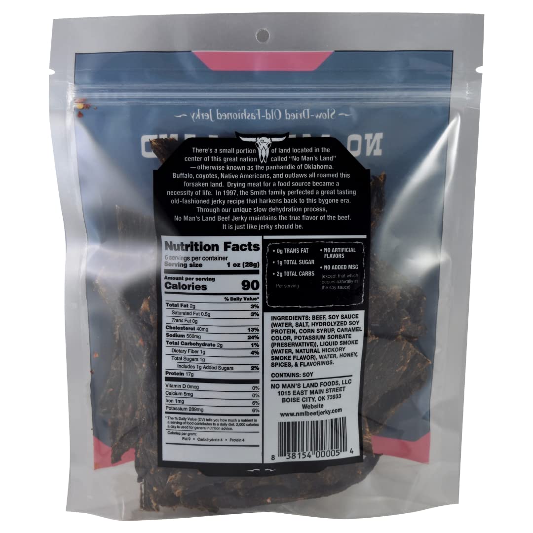 No Mans Land Hot Beef Jerky High Protein Low Calorie Low Carb Beef Snack 6.0Oz Bag