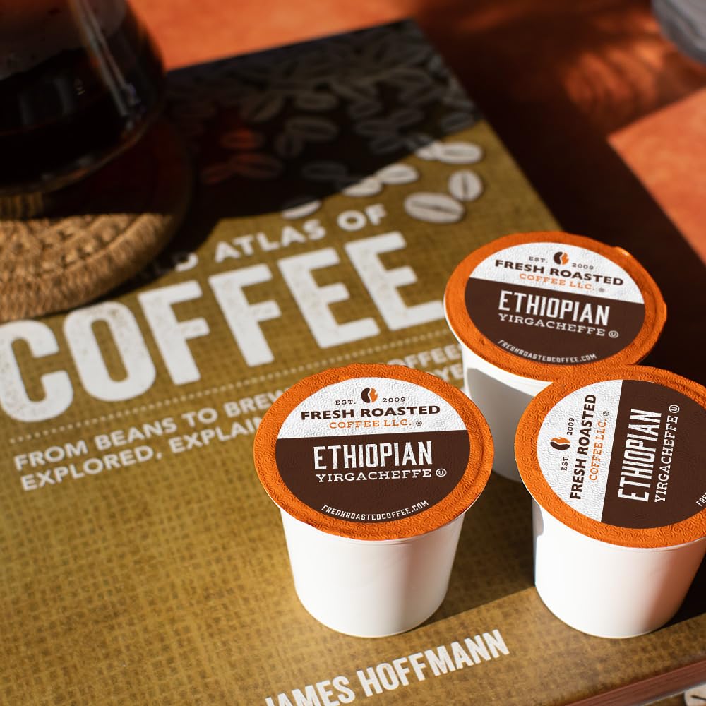 Fresh Roasted Coffee, Ethiopian Yirgacheffe Kochere, Medium Roast, Kosher, K-Cup Compatible, 96 Pods