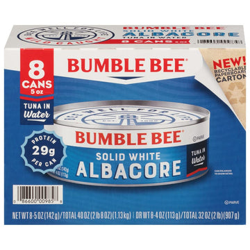 Bumble Bee Solid White Albacore Tuna In Water 5 Oz Can (Pack Of 8) - Wild Caught Tuna - 29G Protein Per Serving - Non-Gmo Project Verified Gluten Free Kosher - Great For Tuna Salad & Recipes