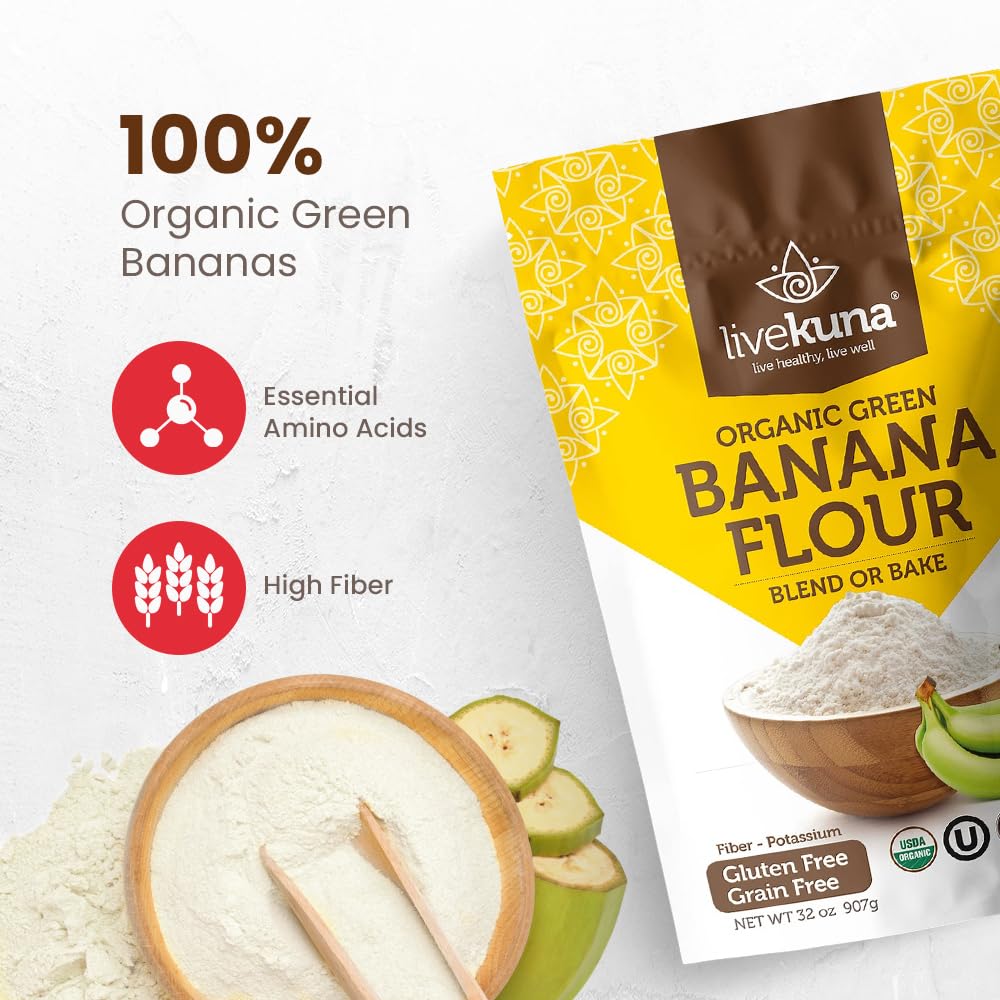 LiveKuna Organic Banana Flour - Gluten-Free & Grain-Free, 32 oz, Non-GMO, All-Purpose Baking Alternative