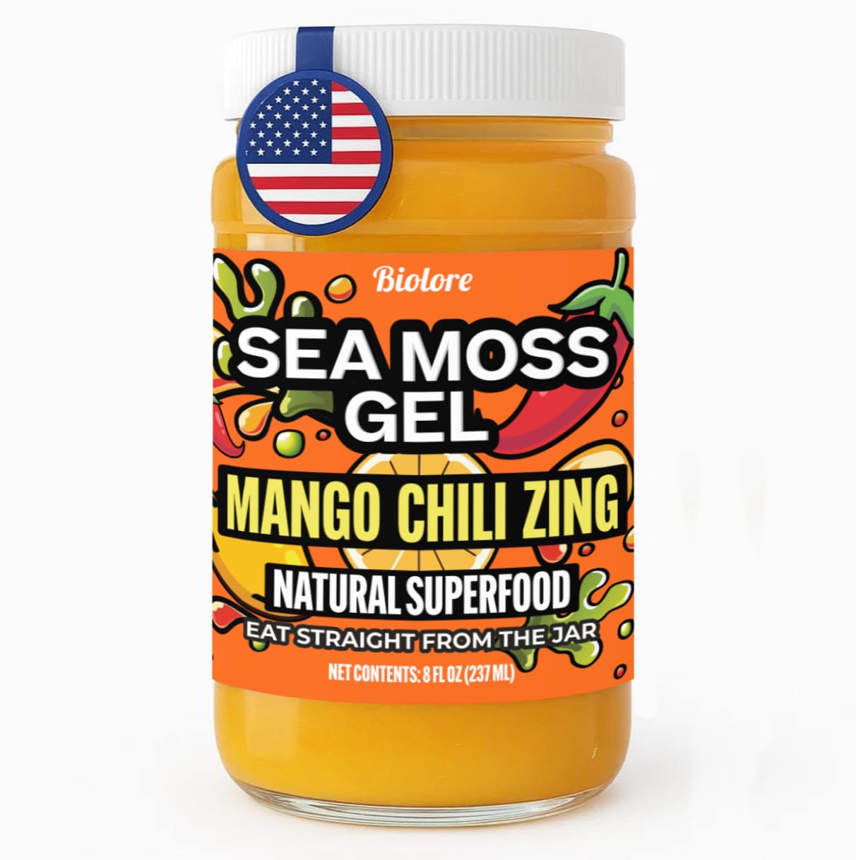 Biolore Sea Moss Gel Mango Chili Zing 8oz, Made in USA, Raw Wildcrafted Irish Seamoss Vegan Superfood, Jam, Jelly & Sweet Spread