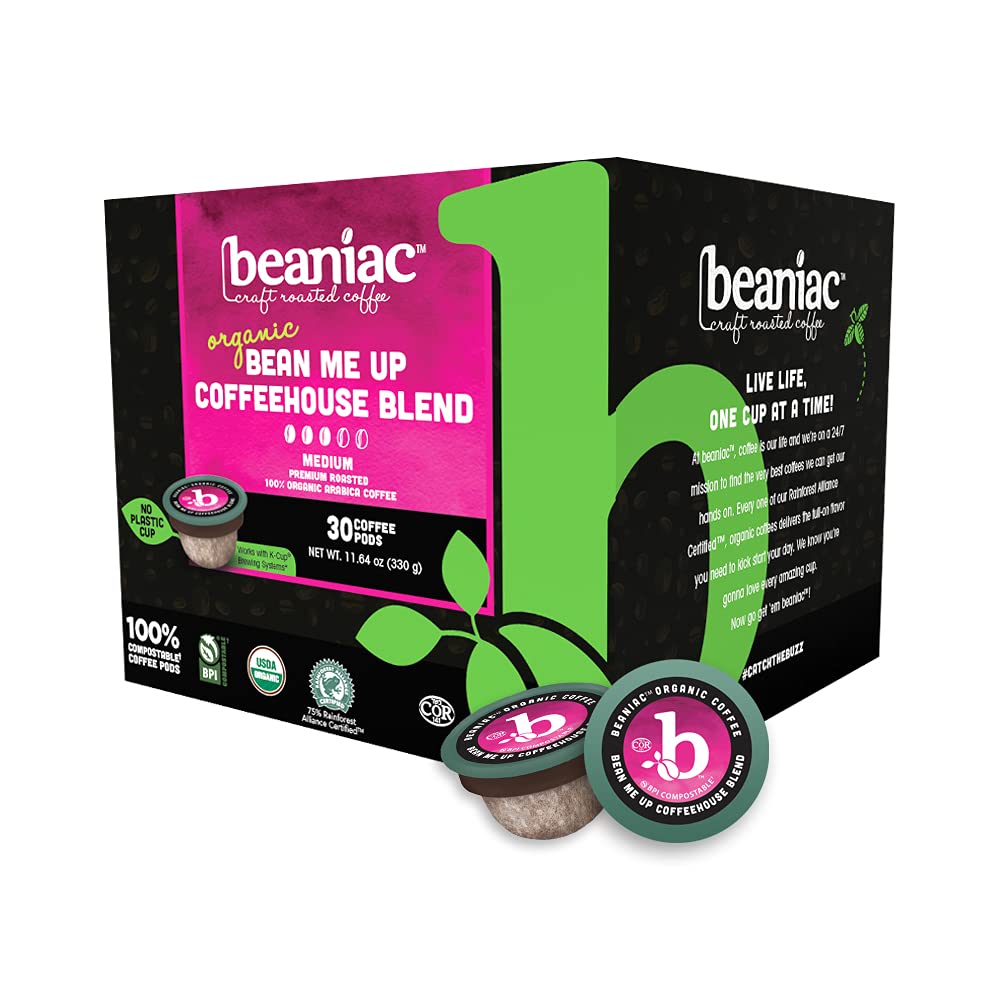 Beaniac Organic Bean Me Up Coffeehouse Blend, Medium Roast, Single Serve Compostable K Cup Coffee Pods, Organic Arabica Coffee,