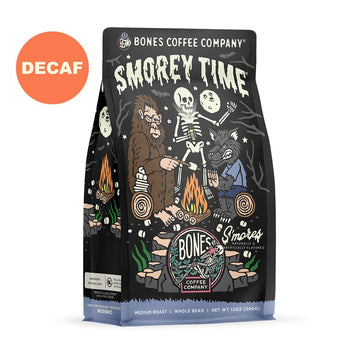 Bones Coffee Company Decaf S'Morey Time Whole Coffee Beans S'Mores And Graham Crackers Flavor, Low Acid Flavored Coffee, Made With Arabica Coffee Beans, Medium Roast Gourmet Coffee (12 Oz)