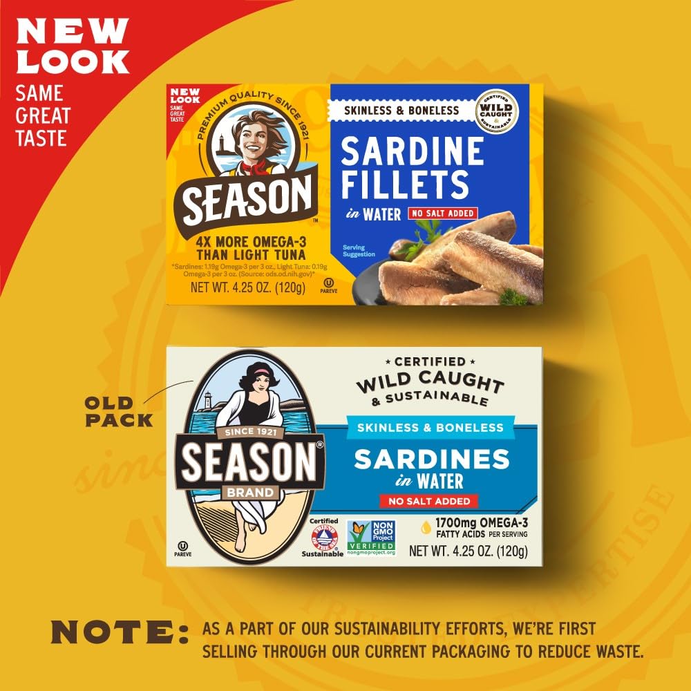 Season Sardines in Water - Skinless & Boneless, No Salt Added, Wild Caught, 22g of Protein, Keto Snacks, More Omega 3s Than Tun