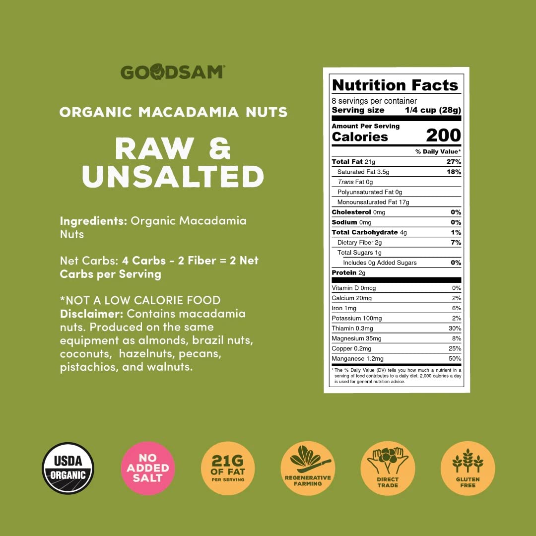 Goodsam Organic Raw Macadamia Nuts 0.5 Lb, Unsalted, Gluten Free, Non Gmo, Vegan, Keto, Regenerative Farming, Direct Trade