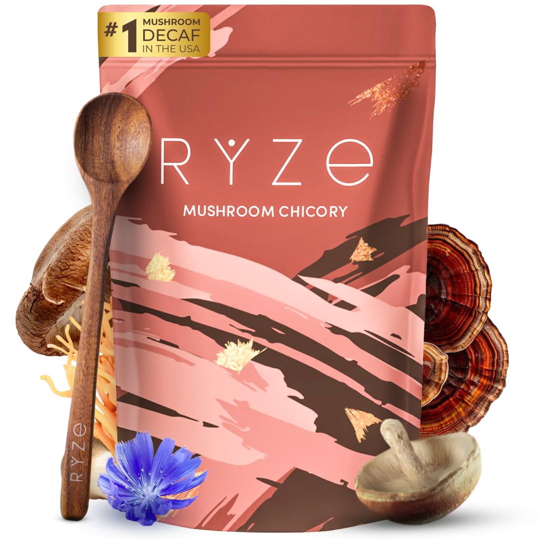 Ryze Mushroom Chicory With 6 Organic Adaptogenic Mushrooms Keto Energy Blend Free Decaf Coffee With Chicory Root For Energy Focus Digestion Immunity With Turkey Tail Shiitake LionS Mane 30 Serving