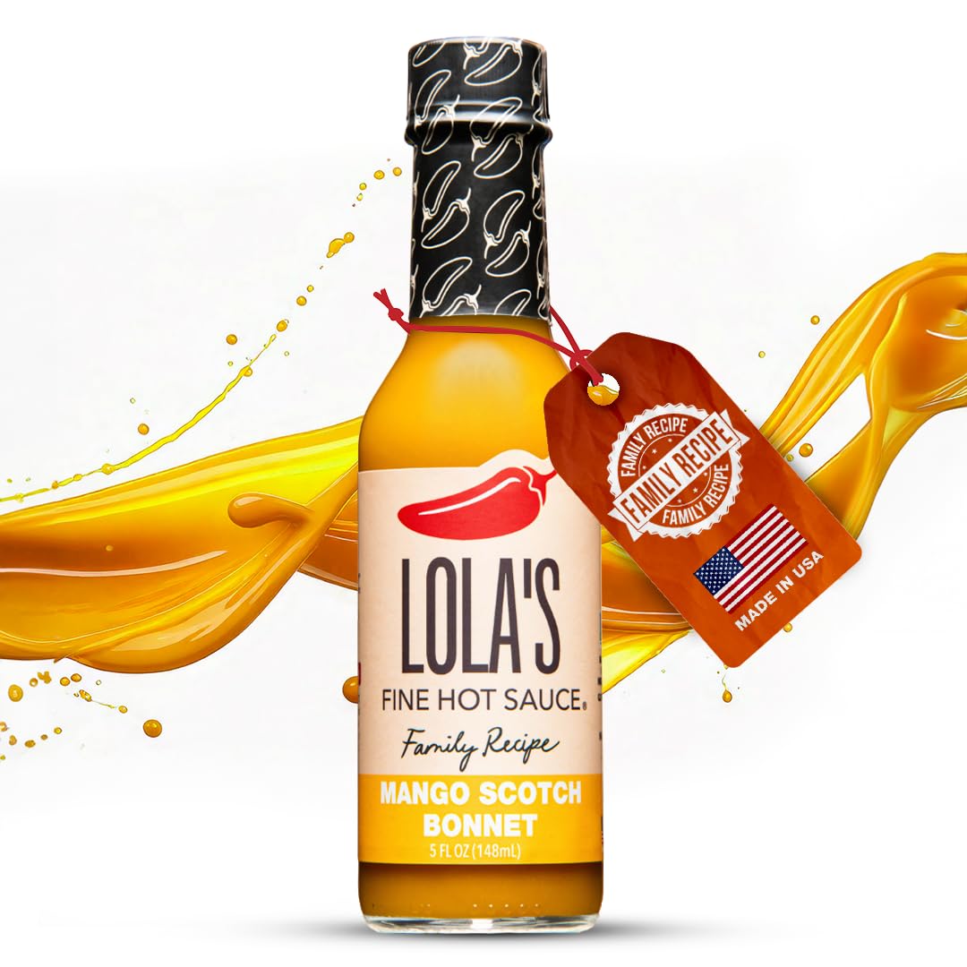 Lolas Fine Hot Sauce Mango Ginger Scotch Bonnet, Sweet & Spicy, 5 Fl Oz, Gluten Free, Keto Friendly, Zero Calories