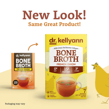 Dr. Kellyann French Onion Bone Broth Collagen Packets (7 Servings 1 Box) - 16g Protein/Serving 100% Grass-Fed Hydrolyzed Collagen Keto & Paleo Friendly