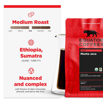 Equator Coffees, Mocha Java Blend, Organic Whole Bean Coffee, Medium Dark Roast, Fresh Roasted, Dark Chocolate & Berry Flavor Notes, Sustainable And Fair Trade Certified, 10.5 Oz Bag