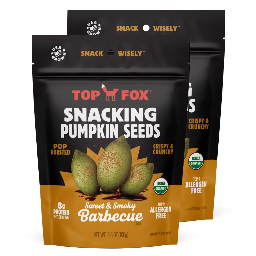 Top Fox Snacks - Organic Pop-Roasted Pumpkin Seeds I Healthy Protein Snacks- Gluten Free- Keto And Vegan Friendly (Bbq, 3.5Oz - 2 Pack)