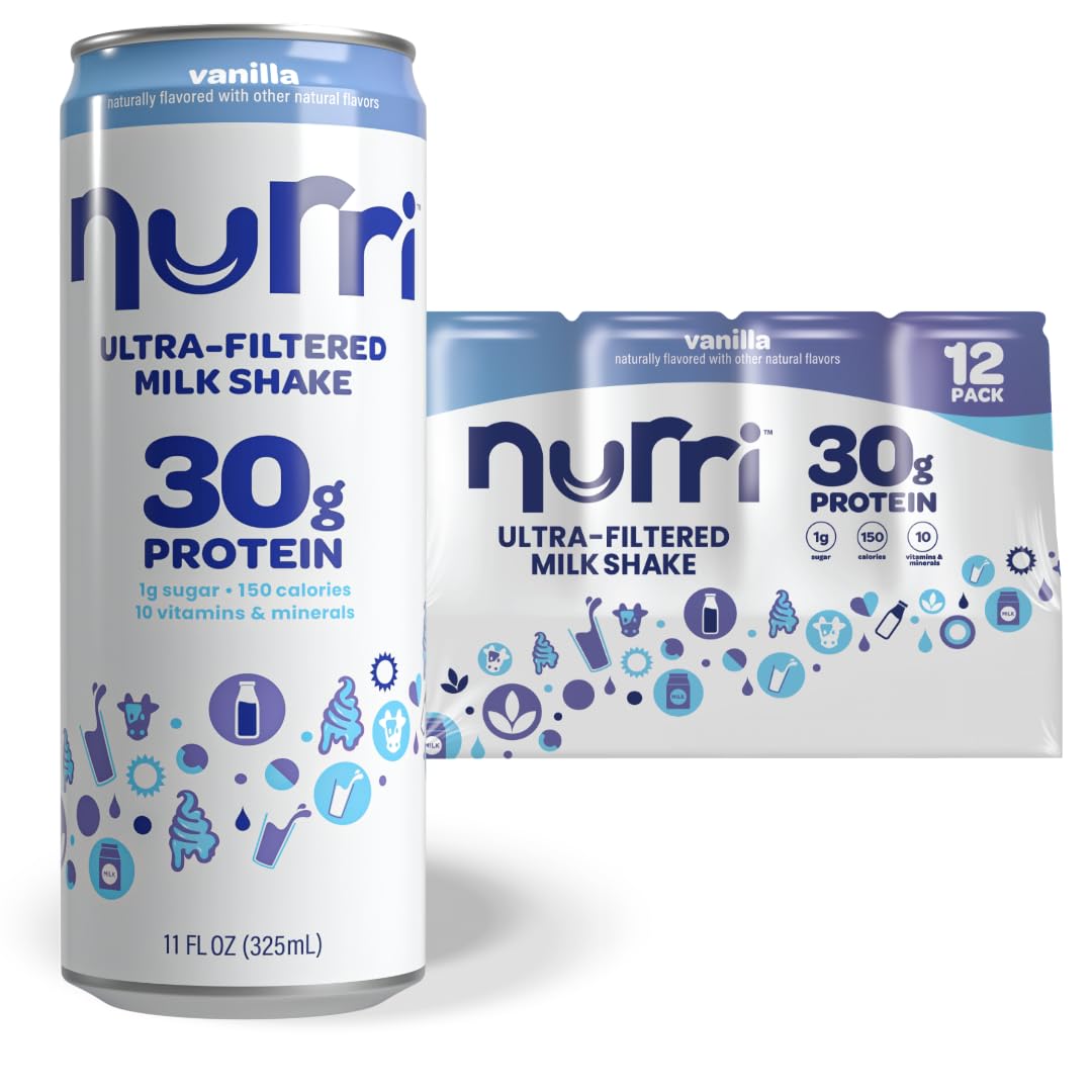 Nurri Protein Milk Shake – Vanilla, Lactose Free, Low Sugar, 150 Calories, 30g Protein, 11 fl oz, Pack of 12, White
