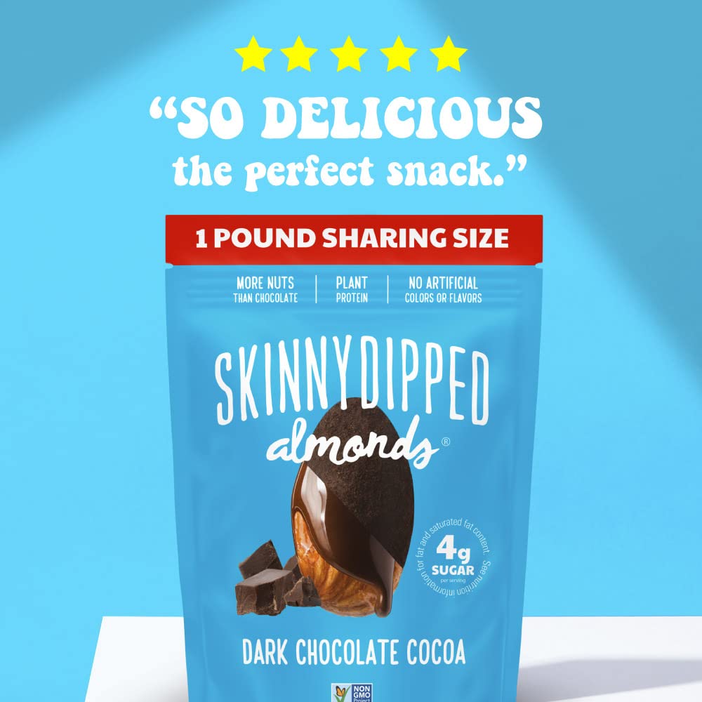 Skinnydipped Dark Chocolate Cocoa Almonds, Healthy Snack, Plant Protein, Gluten Free, 1Lb Resealable Bag, Pack Of 1
