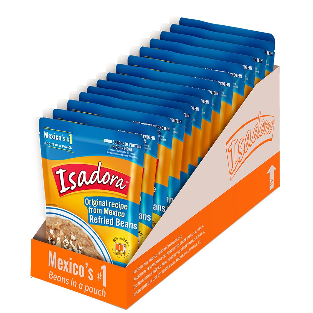 Isadora Original Refried Beans in Pouch (Pack of 14) Delicious Refried Pinto Beans Microwave Food Premade Meals Plant Based Protein 12.3 oz